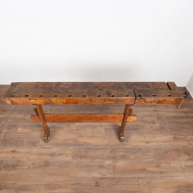 Rustic Early 20th Century Rustic Narrow Carpenters Workbench Console Table For Sale - Image 3 of 15