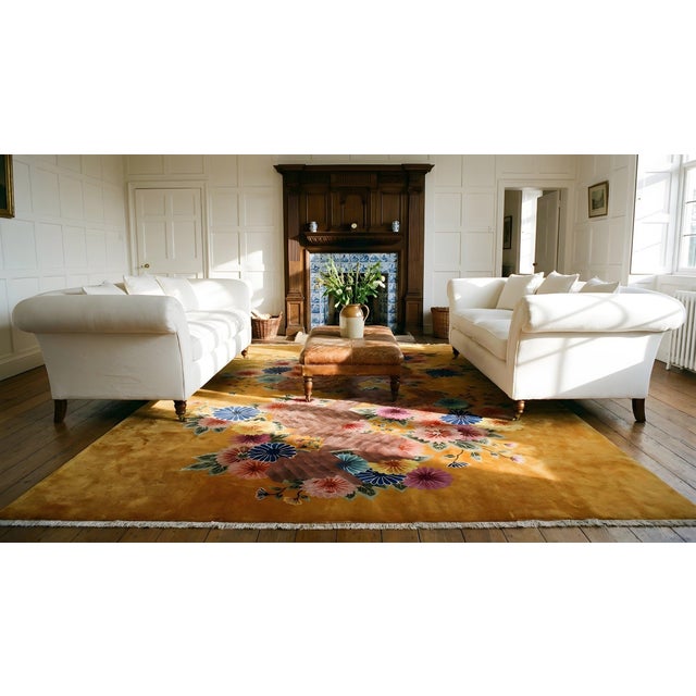 Brilliant Yellow Goldenrod Color With Lovely Flower Design Antique Chinese Art Deco Rug For Sale - Image 9 of 11