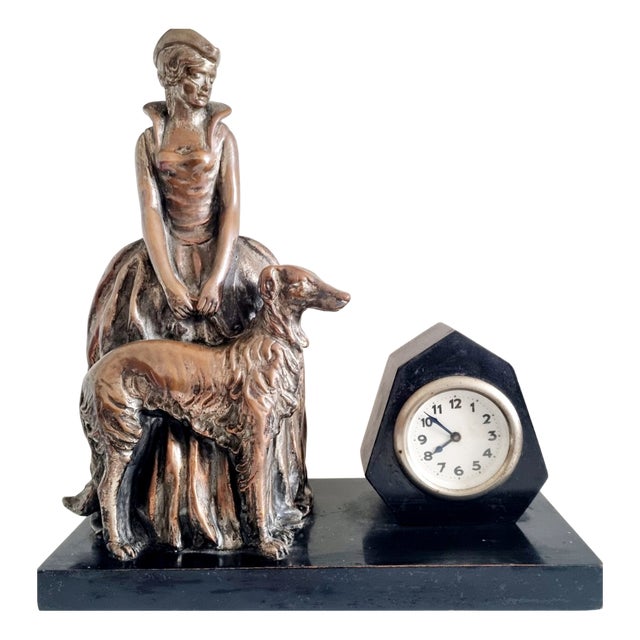 Table Clock with Copper Plated Lady with Greyhound Sculpture from Enrico Lazzar, Italy, 1910s For Sale