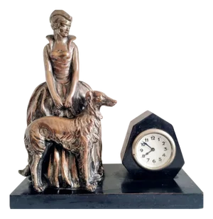 Table Clock with Copper Plated Lady with Greyhound Sculpture from Enrico Lazzar, Italy, 1910s