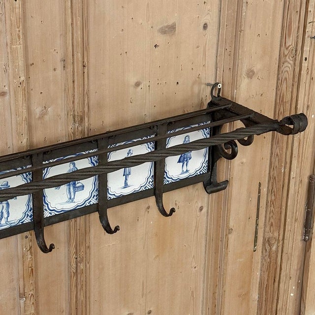19th Century Dutch Wrought Iron Coat Rack With Delft Tiles For Sale - Image 9 of 18