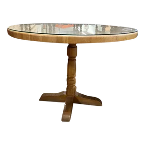 Early American Style Oak Butcher Block Type Round Pedestal Dinette Table. With Glass Top.