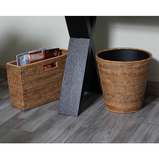 Artifacts Rattan Round Tapered Waste Basket with Metal Liner in Honey Brown - 12" For Sale In Houston - Image 6 of 7