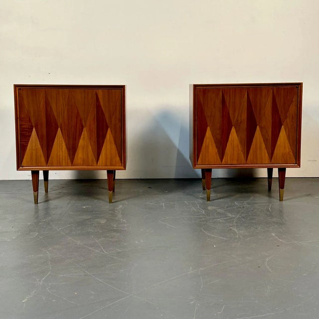 2000 - 2009 Pair of Danish Mid-Century Modern Style Geometric Nightstands, Walnut, Brass For Sale - Image 5 of 13