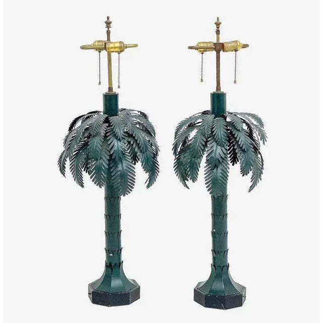 Large Pair of Mid-Century Modern Maison Jansen Style Palm Tree Lamps, Metal Pair of three feet high metal palm tree lamps...
