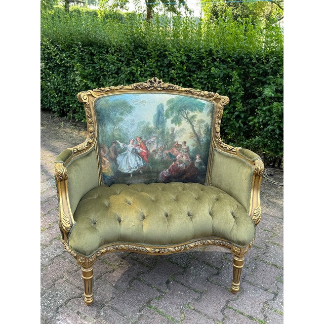 1960s French Louis XVI Gold Beech Green Velvet Loveseat 1 Pc For Sale - Image 10 of 13