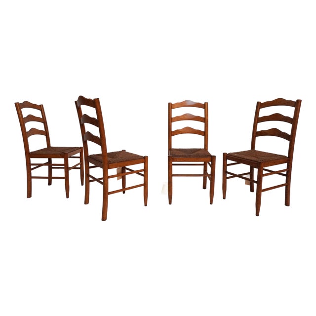 Mid 20th Century Set of Four Wooden Dining Chairs With Rush Seats For Sale