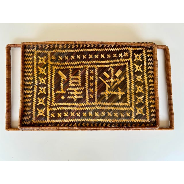 1970's Hand Woven Rattan Tea Tray With Handles - "Tea Please" in Chinese For Sale In Miami - Image 6 of 6