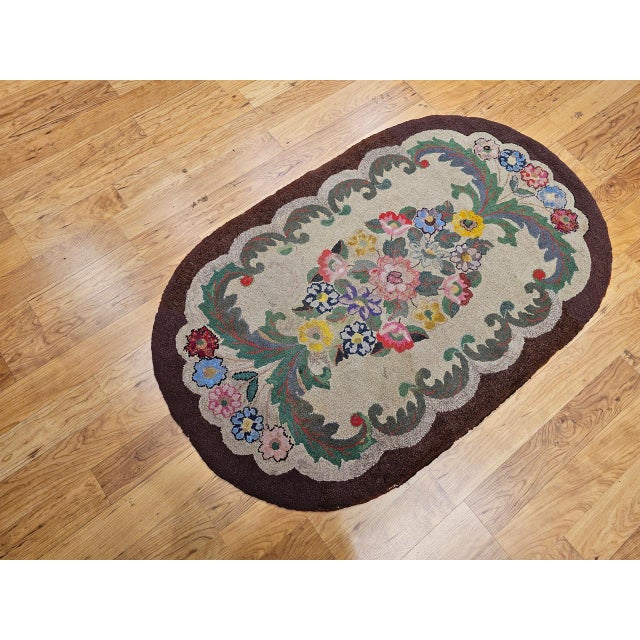 1900 - 1909 Vintage American Hand Hooked Rug, Wool & Cotton, Floral Pattern, Folk Art Tapestry, 3x5 For Sale - Image 5 of 15
