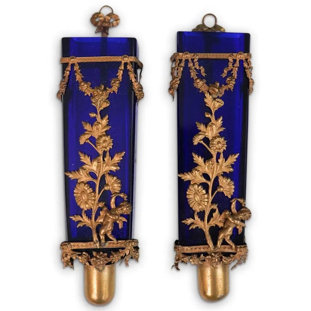 Blue Pair Antique French Cobalt Glass Gilt Bronze Cherub Putti Wall Sconces For Sale - Image 8 of 13