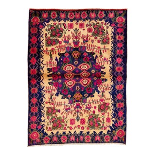 1960s Vintage Bidjar Persian Wool Rug With Purple and Pink Rosette Motif For Sale