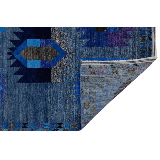 Tribal Modern Abstract Baluch Style Blue Wool Area Rug – Geometric Tribal Design 6x8 For Sale - Image 3 of 11