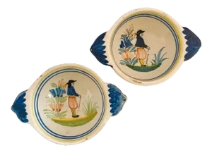 Early 20th Century Henriot Quimper Breton Faience Lug Bowls - a Pair