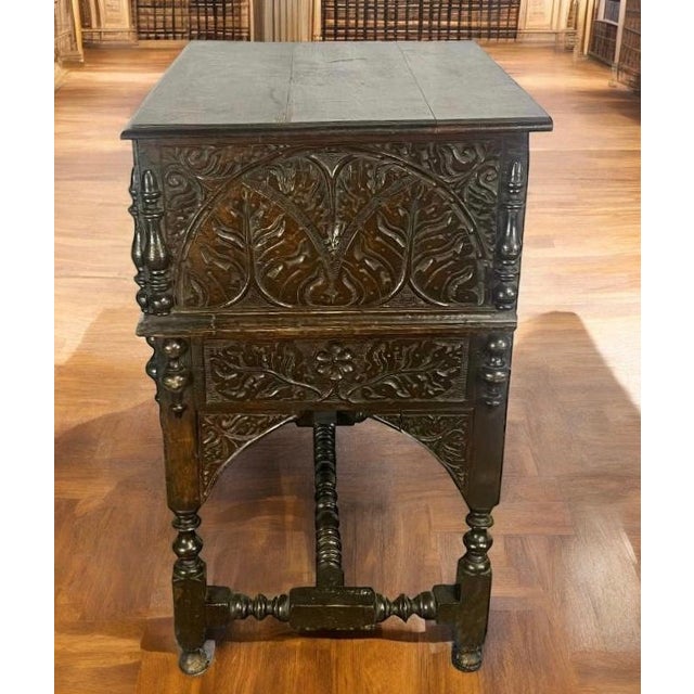 Superlative Example of an Antique 18th Century Carved Oak Bible Box on Matching Stand For Sale - Image 4 of 11