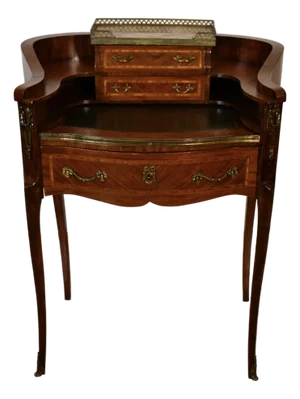 1890s Antique French Louis XV Walnut Inlaid Ladies Writing Desk Bonheur-Du-Jour