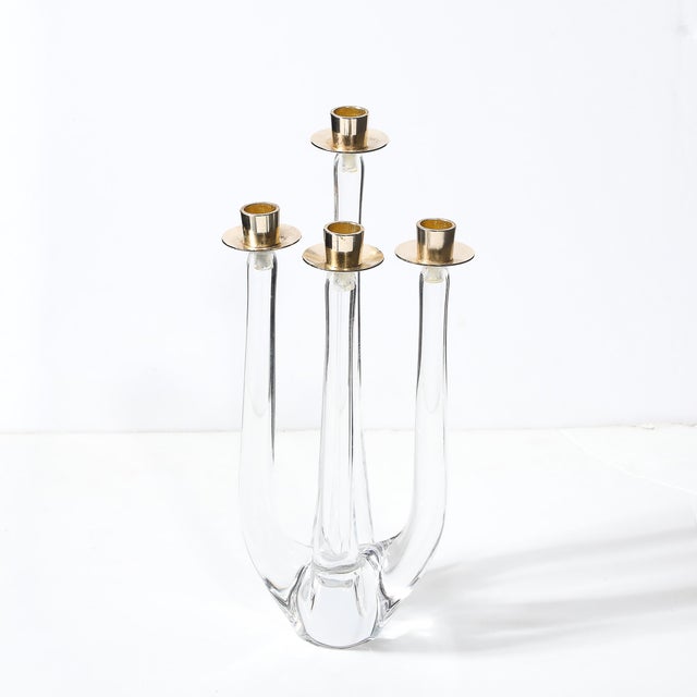 1950s Mid-Century Crystal & Brass Amorphic Four Arm Candelabra Signed Schneider For Sale - Image 5 of 10