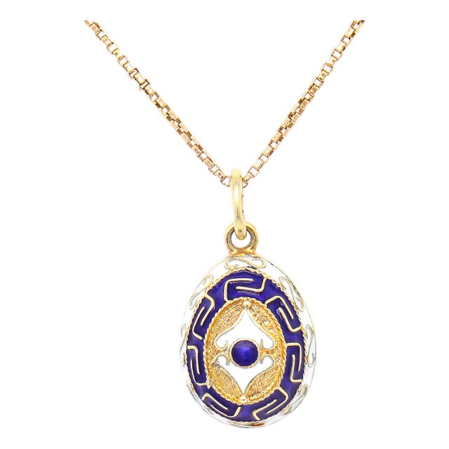 Vintage 14k Gold and Blue & White Enamel Figural Russian Style Egg Charm Pendant For Sale