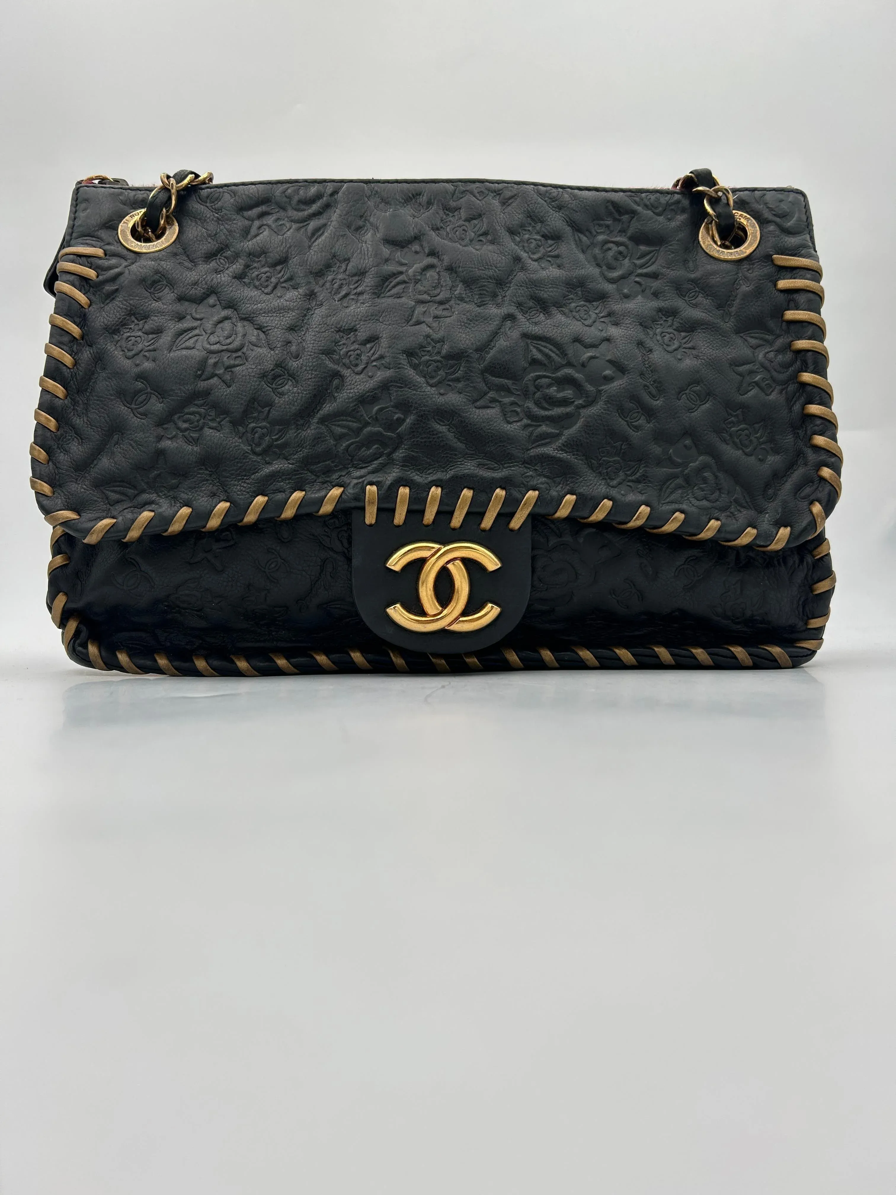 Chanel Black Classic Bag Camellia Blizzard 2010-2011 | Chairish