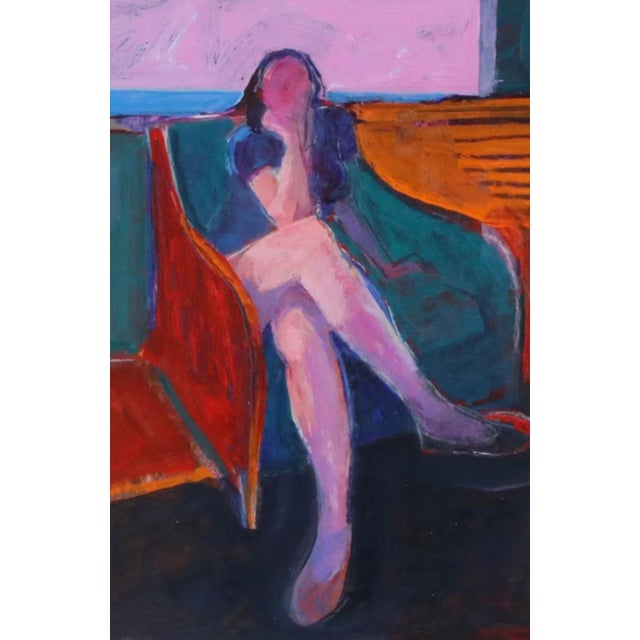 Original figurative acrylic painting by Richard D. Thomas (American, Montana, 1939–2019), depicting a seated woman with...