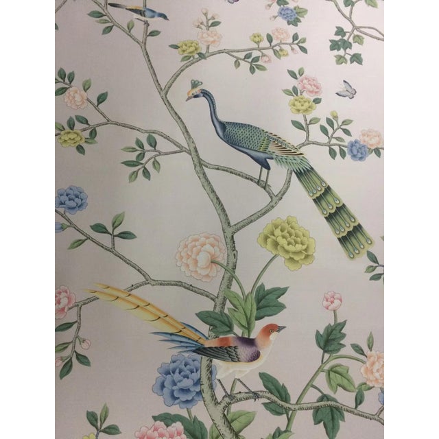 Paper Hand Painted Chinoiserie Peacock Peony Botanical Wallpaper Panels, Soft Pastel Oriental Floral Wall Mural For Sale - Image 7 of 7