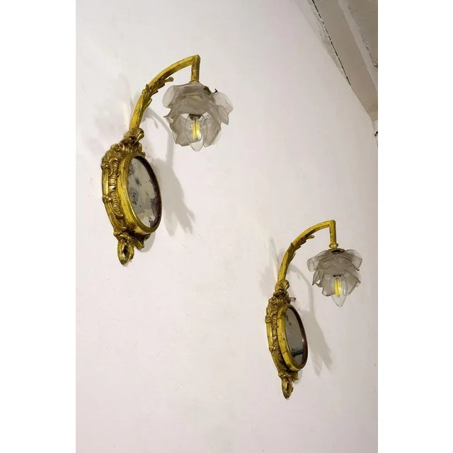 Metal Louis XVI Style Wall Lights in Brass with Mirror & Opal Glass Lampshades, 1920s, Set of 2 For Sale - Image 7 of 10