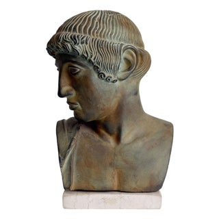 1950s Verdigris Plaster Bust of Apollo on Stone Base For Sale