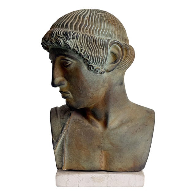 1950s Verdigris Plaster Bust of Apollo on Stone Base For Sale