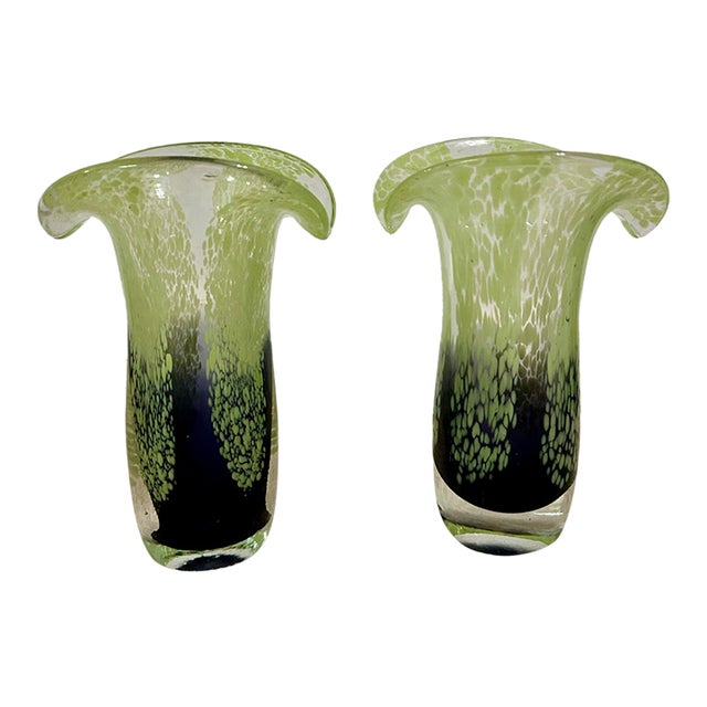 Murano-Style Art Glass Vases – Purple & Chartreuse Green - Pair For Sale