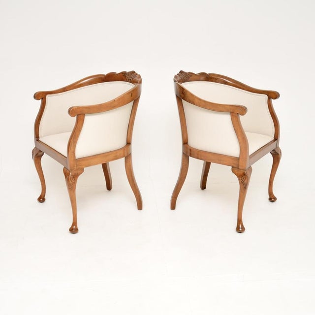 Antique Queen Anne Style Walnut Tub Armchairs, 1920, Set of 2 For Sale - Image 3 of 11