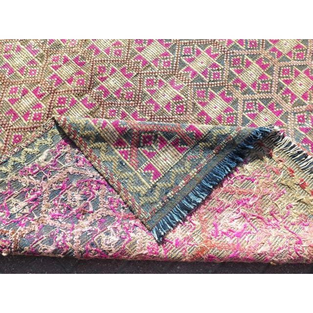 Mid 20th Century Vintage Handmade Embroidery Rug Boho Pink Turkish Kilim For Sale - Image 4 of 13