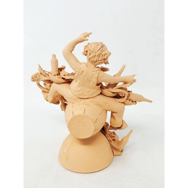 2011 Handmade Figurative Tan Clay Figurine, Bacchus - Dionysus With Wine Grapes Barrel For Sale - Image 4 of 13