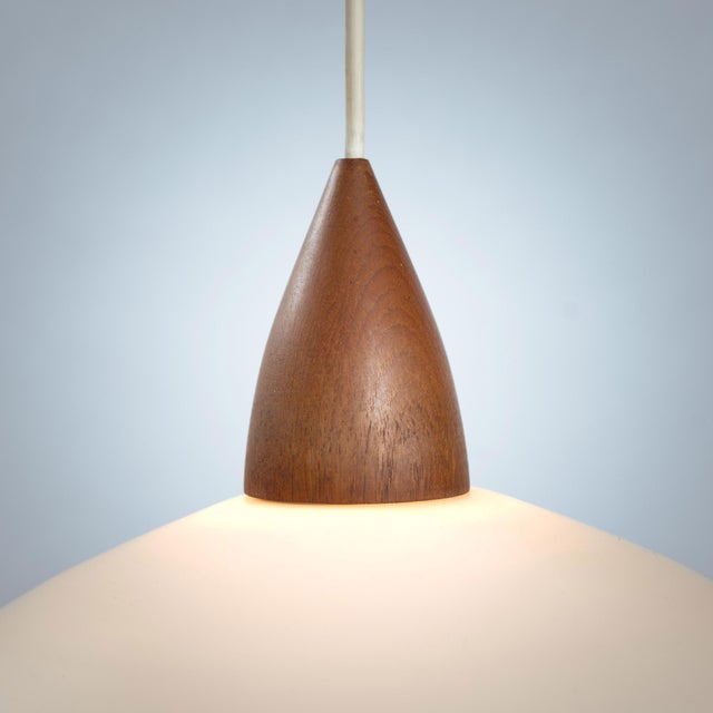 White Opaline Teak Pendant Light by Uno & Östen Kristiansson for Luxus, Sweden, 1950s For Sale - Image 5 of 7