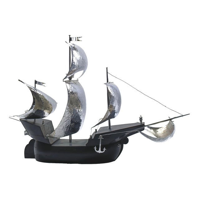 Gio Ponti, Black Wood and Hammered Metal Sailing Ship, 1960s, Metal and Compressed Wood For Sale