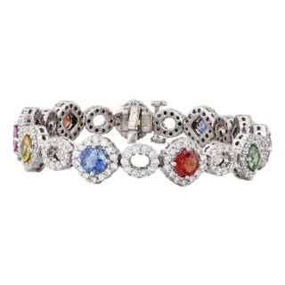 15.62ctw Multicolor Sapphire Diamond Tennis Bracelet 18k White Gold 6.75" For Sale