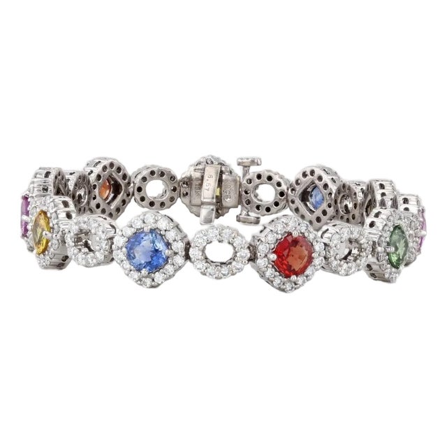 15.62ctw Multicolor Sapphire Diamond Tennis Bracelet 18k White Gold 6.75" For Sale