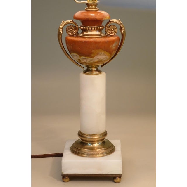 Salmon 1930s French Depose Art Deco Neoclassic White/Salmon Onyx Marble Column & Urn Bronze Table Lamps - a Pair For Sale - Image 8 of 13