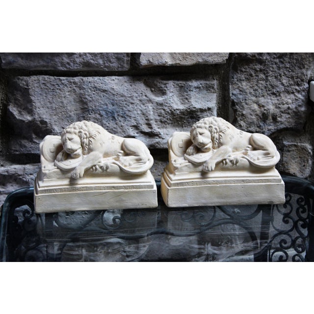Transitional Sleeping Lion Monument Statuary Statues - Set of 2 For Sale - Image 3 of 13