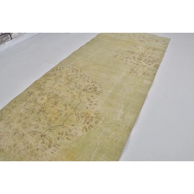 1960s Faded Green Turkish Hallway Runner, Hand-Knotted Wool, Organic Distressed Texture For Sale - Image 9 of 10
