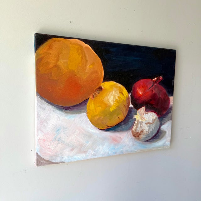 Vintage original vegetable still life oil painting on stretched canvas. It is detailed with lovely blended tones and...