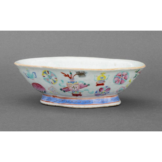 Chinese Famille Rose Porcelain Footed Bowl, navette shaped and hand-enameled with auspicious symbols, red six-character...