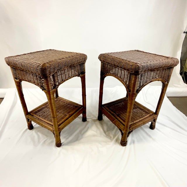 Mid-Century Coastal Boho Chic Walnut Stained Wicker Side Tables - A Pair. For Sale - Image 4 of 9
