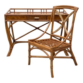 Vintage Coastal Rattan Writing Desk and Chair - Set of 2 For Sale