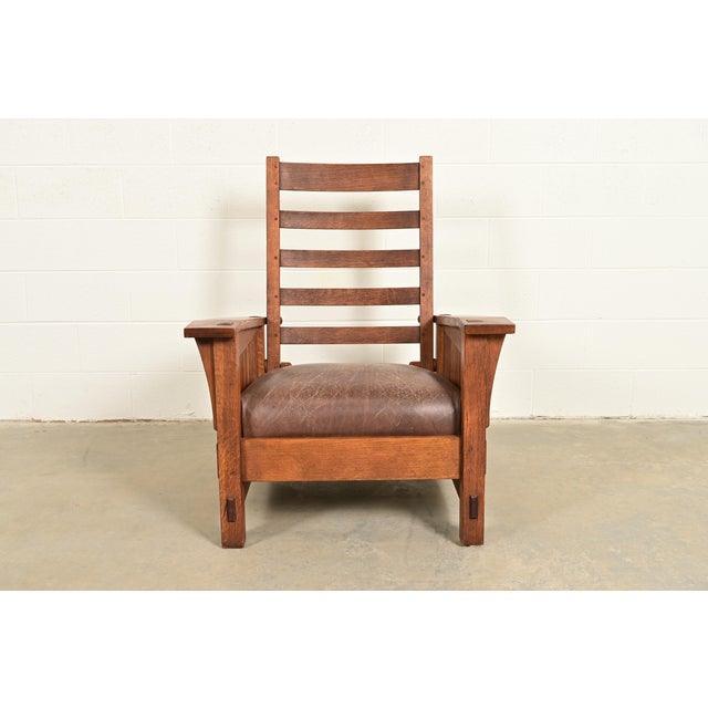 1990s Stickley Mission Oak Arts & Crafts Reclining Morris Lounge Chair With Ottoman For Sale - Image 5 of 14