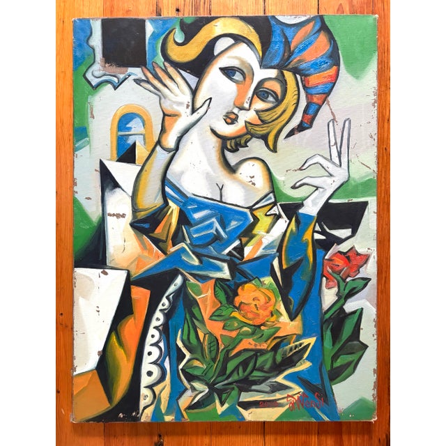 Colorful, abstract oil, painting on canvas signed by artists.