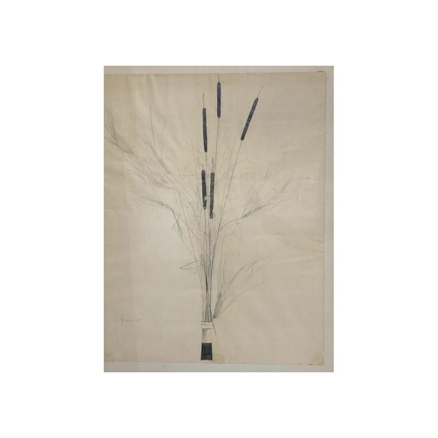 A large and very early drawing of a Cattail and Wheat Stalk arrangement in a bottle by noted American Mixed Media Artist...