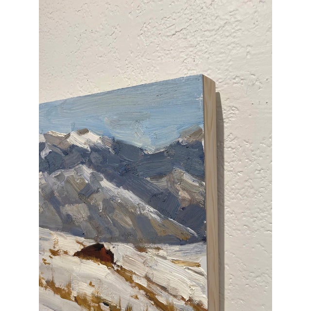 Contemporary Cold and Tired by Clyde Steadman | Oil Painting of bison in a snowy landscape with mountains For Sale - Image 3 of 3