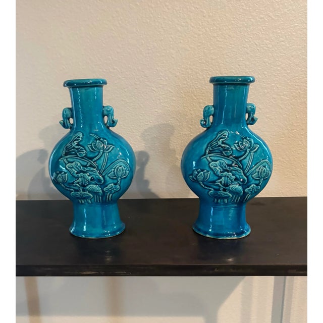 Turquoise Fine Vintage Pair of Chinese Turquoise Glazed Vases, 8.5” High Each, From Christie’s Auction House For Sale - Image 8 of 10