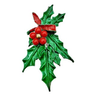 Mid-Century Boho Chic Americana Christmas Painted Holly With Berries Swag Brooch. For Sale
