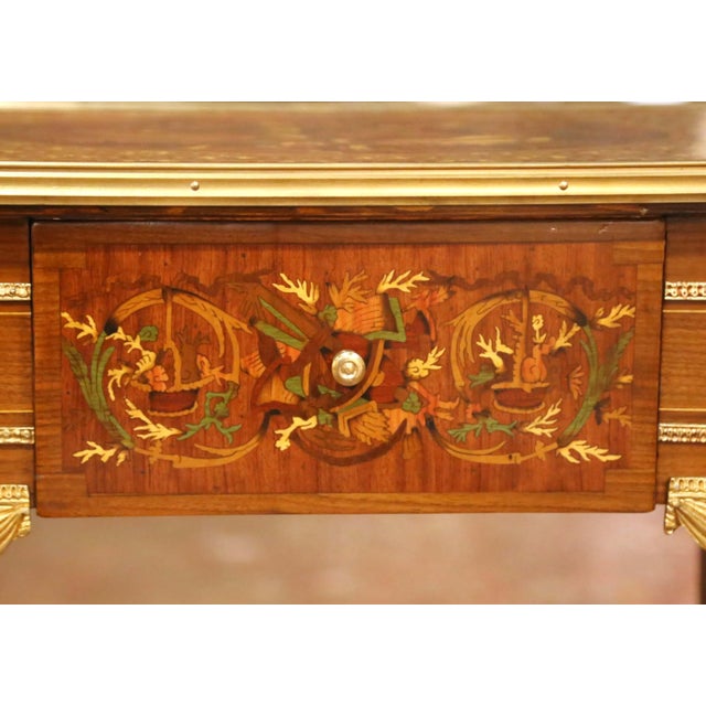 Near Pair of Mid-Century French Louis XVI Ormolu Marquetry Side Tables For Sale - Image 14 of 17