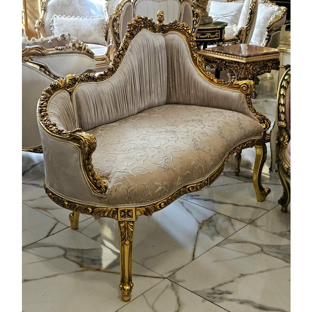 Bring timeless European elegance into your home with this French Rococo-style settee sofa, beautifully upholstered in a...